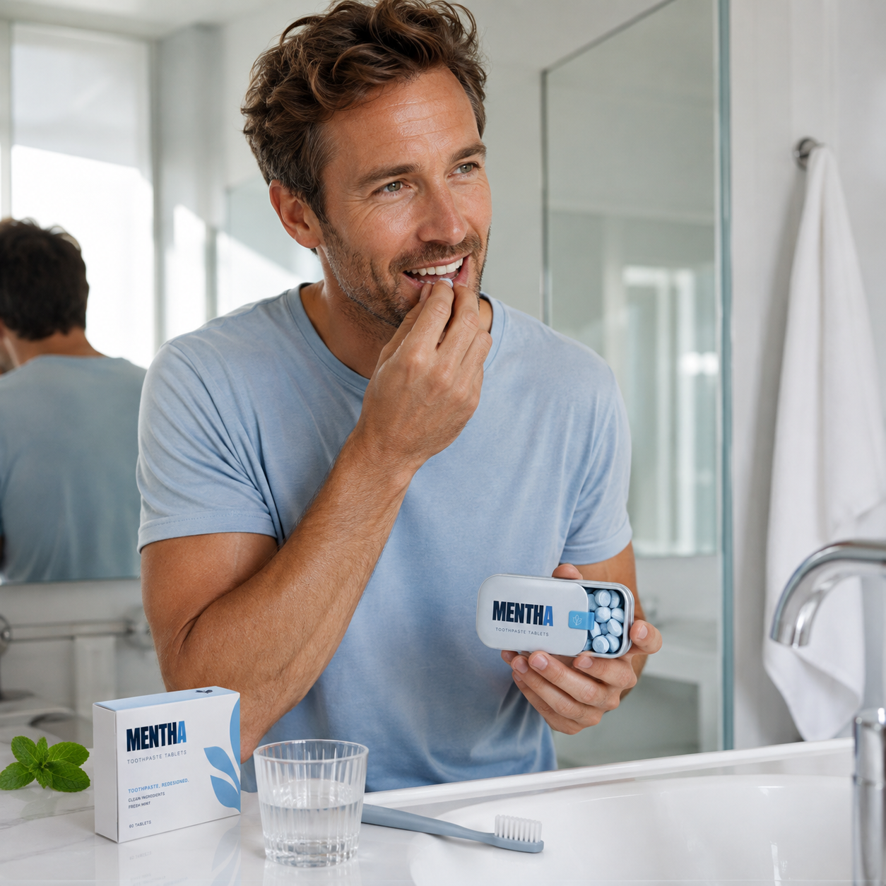 Man taking a MENTHA toothpaste tablet in front of the bathroom mirror