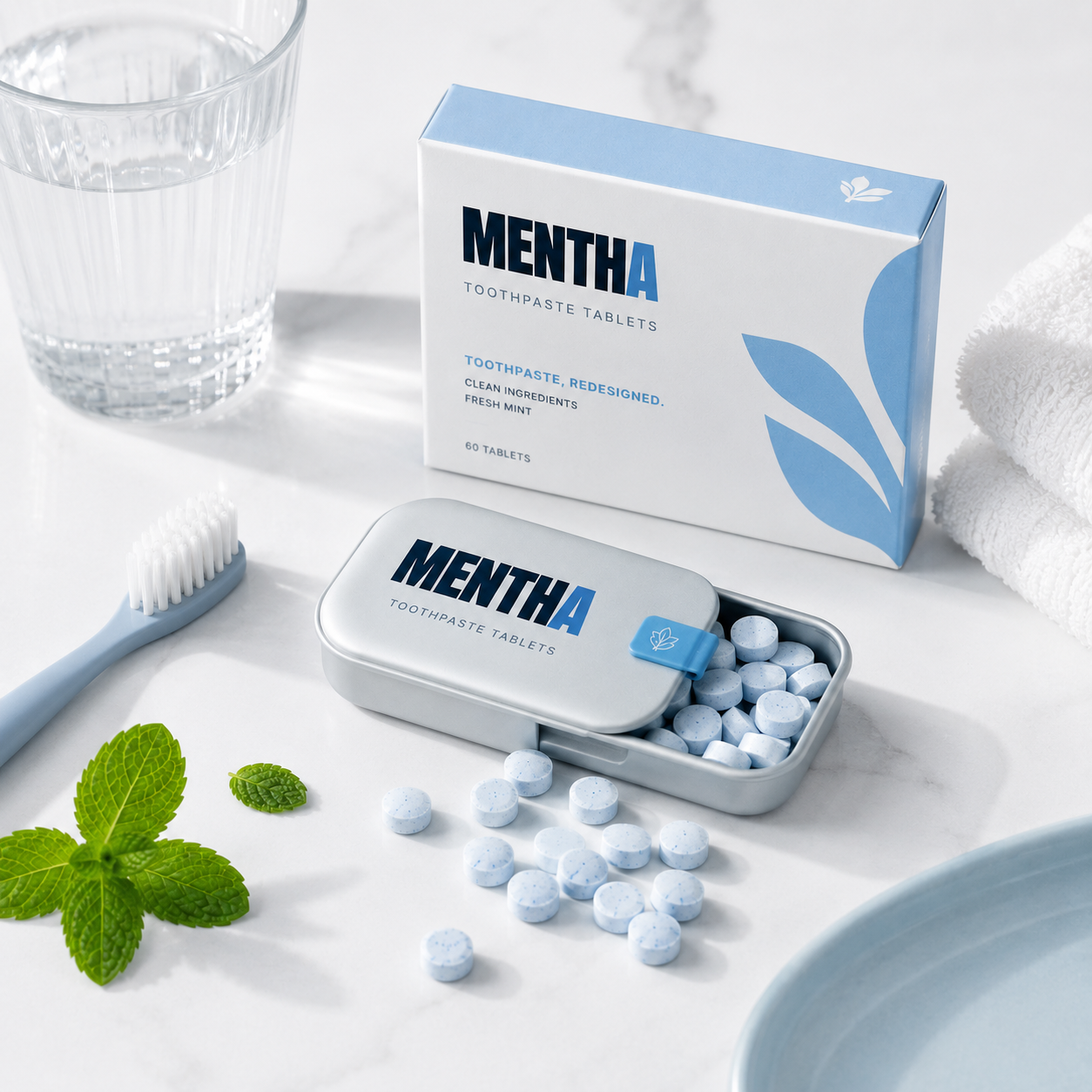 MENTHA tin open with toothpaste tablets, toothbrush and fresh mint